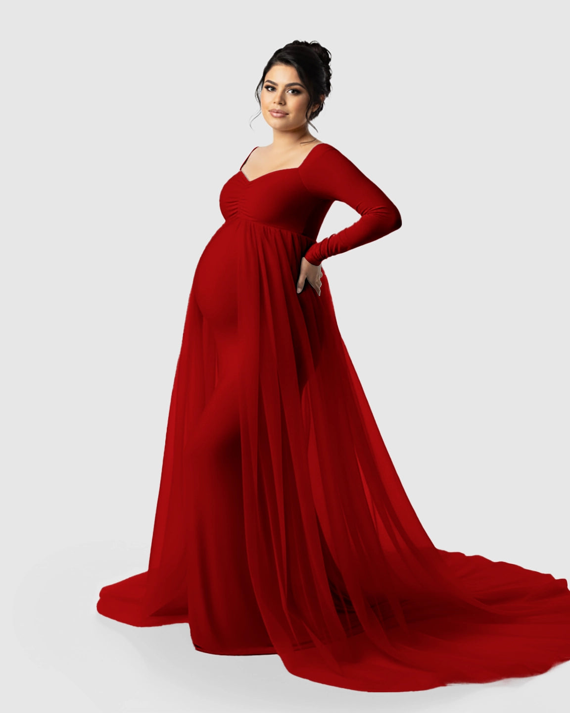 Sheer Mesh Flowy Train Maternity Maxi Dress