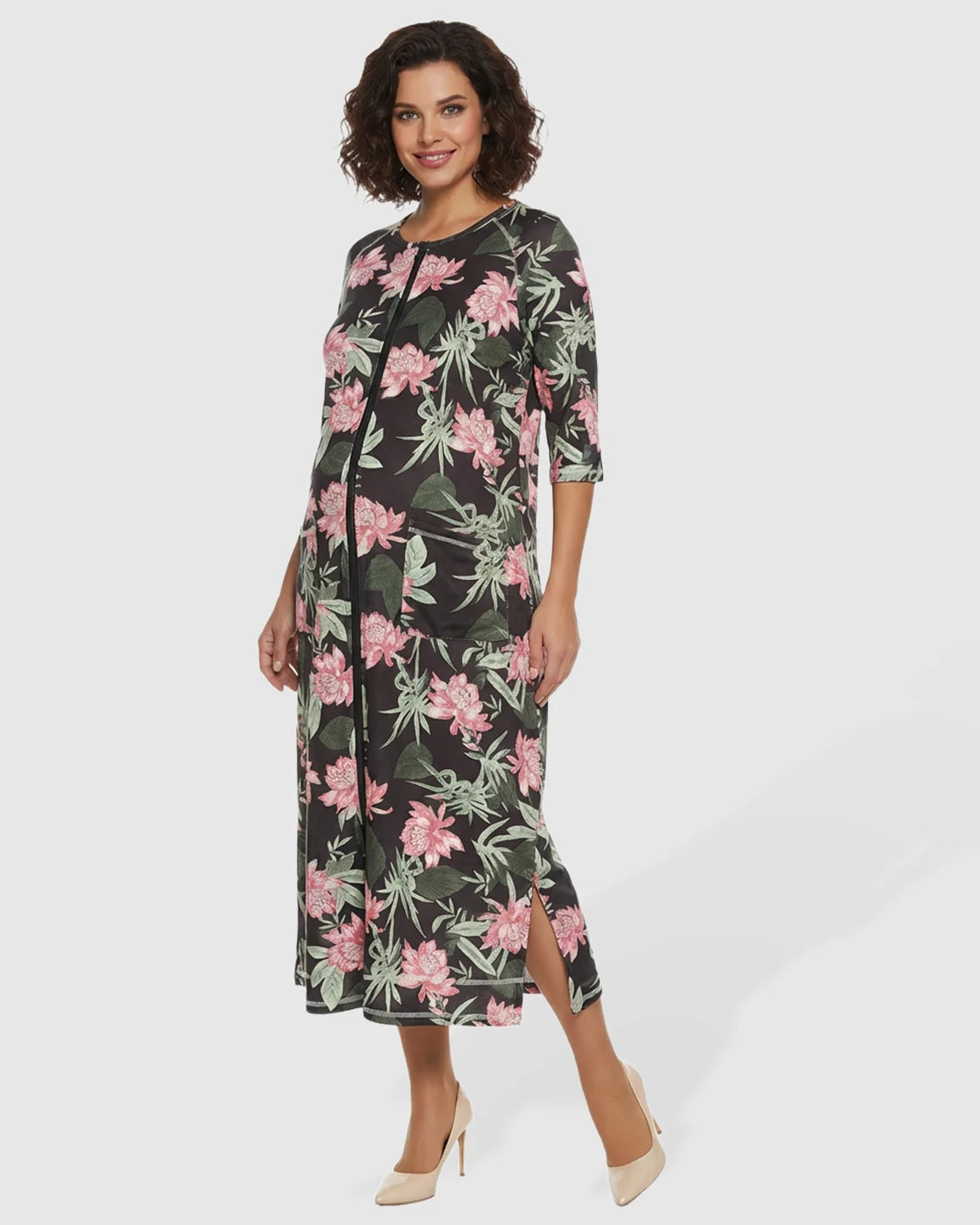 Front Zipper Floral Print Maternity Nursing Lounge Dress
