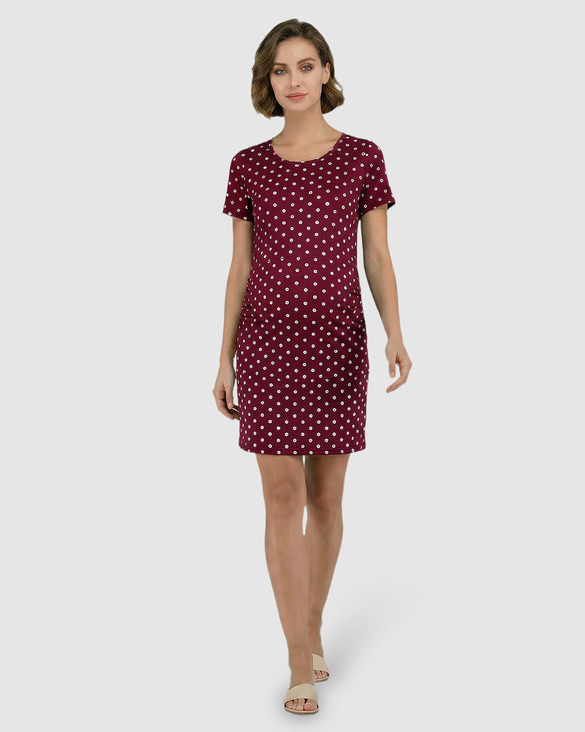 Ruched Polka Dot Bodycon Maternity Midi Dress