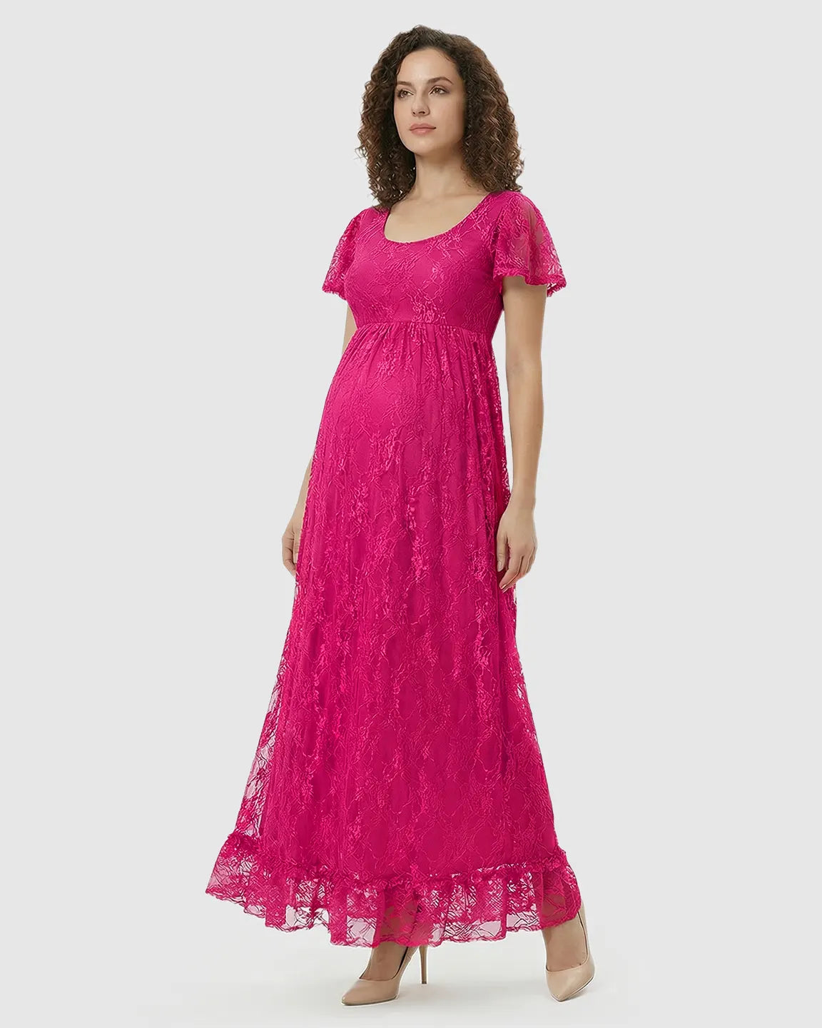 Ruffled Hem Floral Lace Maternity Photoshoot Dress