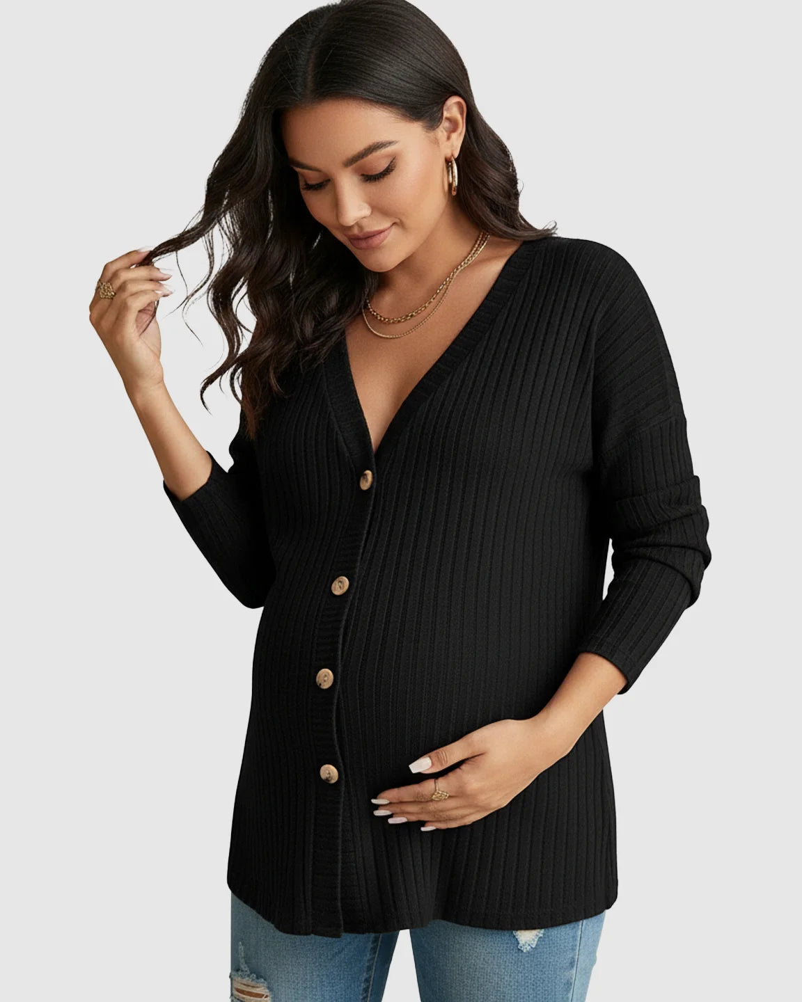 Ribbed Button-Front Drop Shoulder Maternity Top