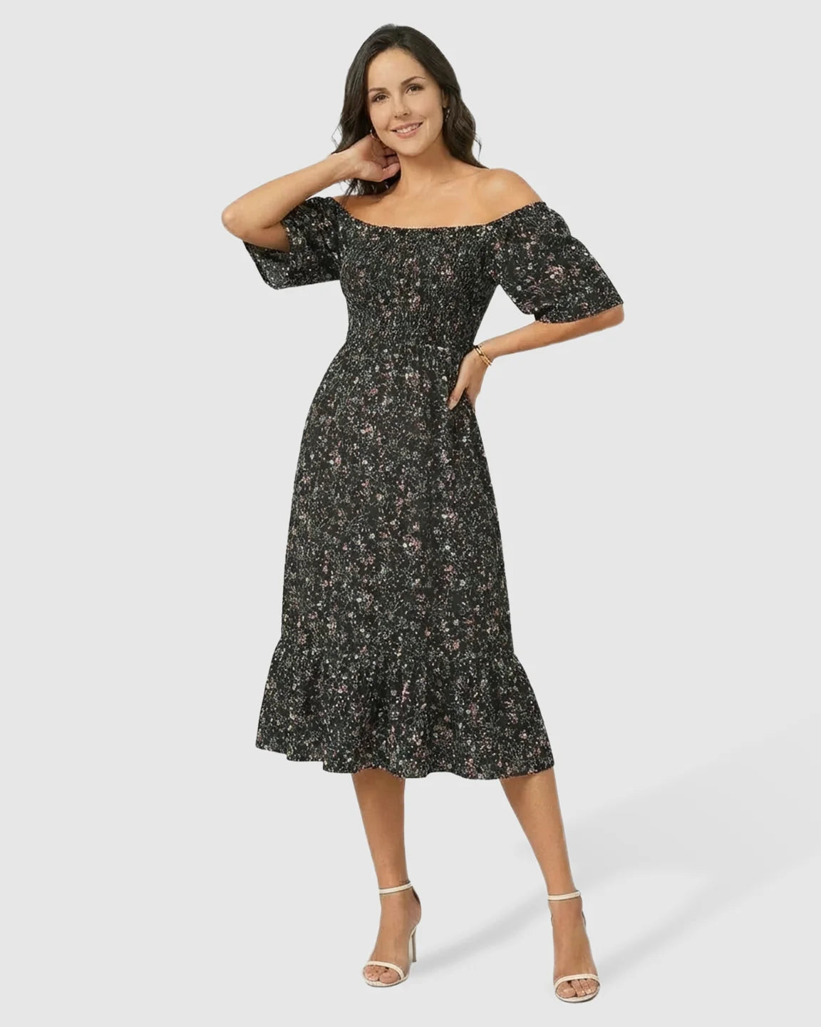 Smocked Bodice Off-Shoulder Maternity Midi Dress