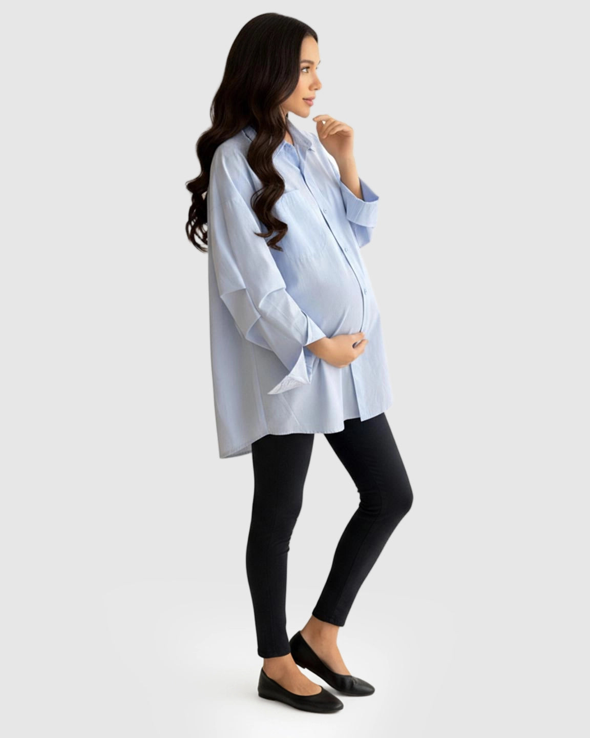 Cotton Lapel Long Sleeve Maternity Tunic