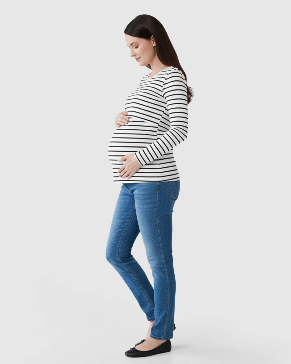 Round Neck Striped Print Maternity & Nursing Top