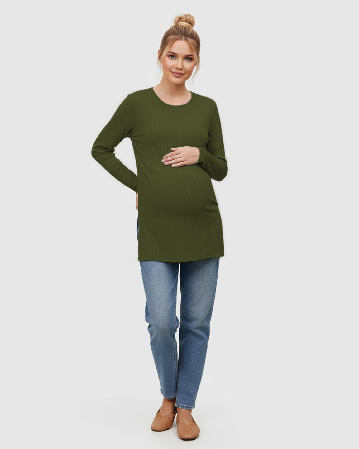 Ribbed Knit Long Sleeve Maternity Top with Side Slits