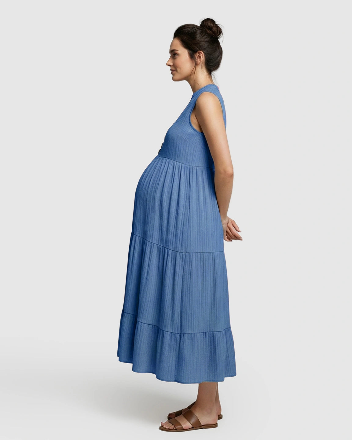 Button-Front Detail Tiered Maternity Midi Dress