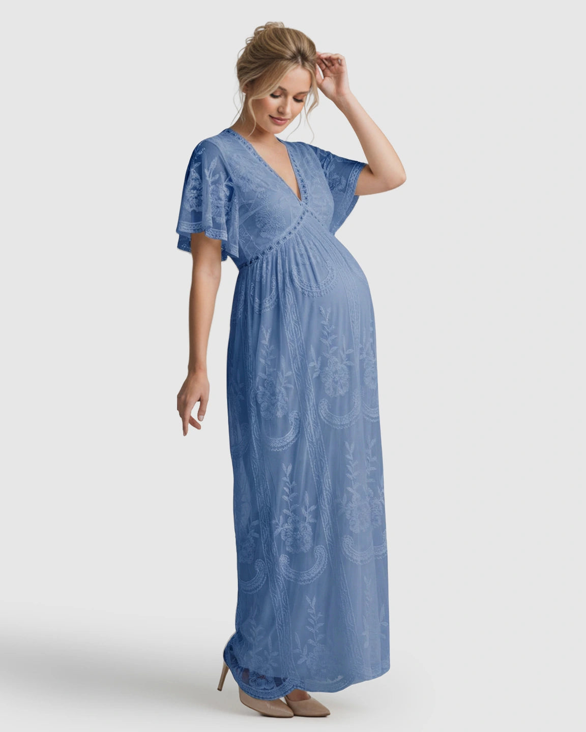 Sheer-Lace Romantic Maternity Maxi Dress