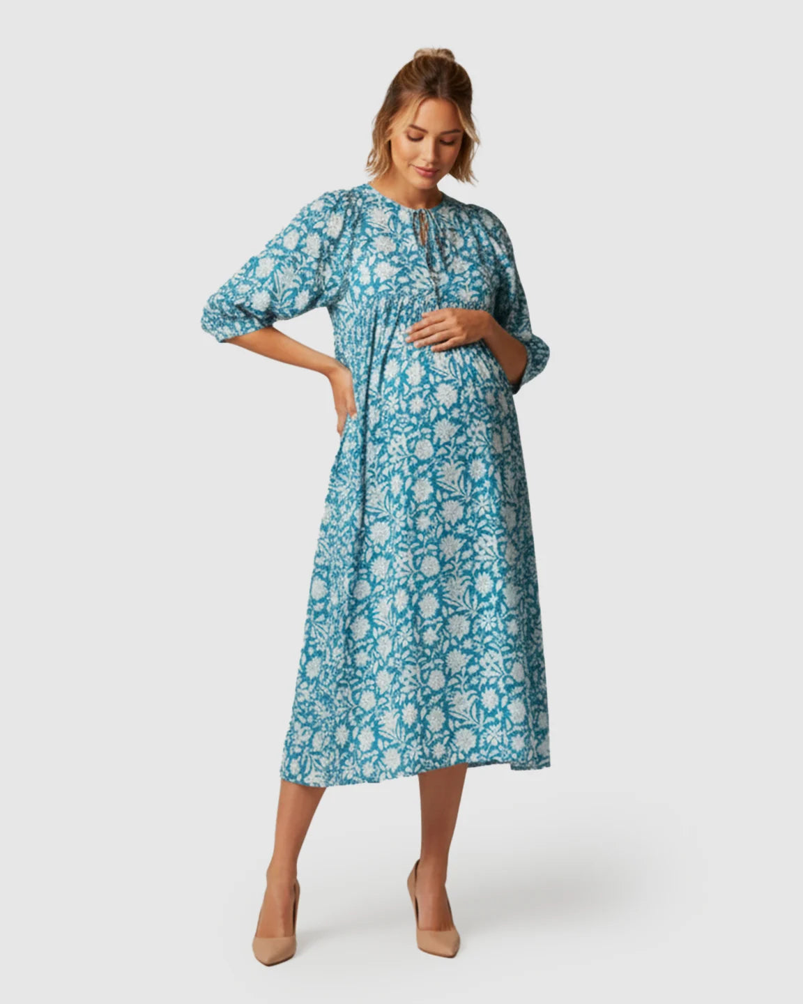 Puff-Sleeve Bohemian Maternity Midi Dress