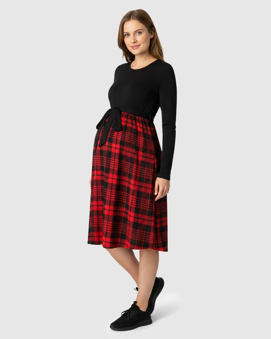 Plaid High-Waist Long Sleeve Nursing Maternity Dress