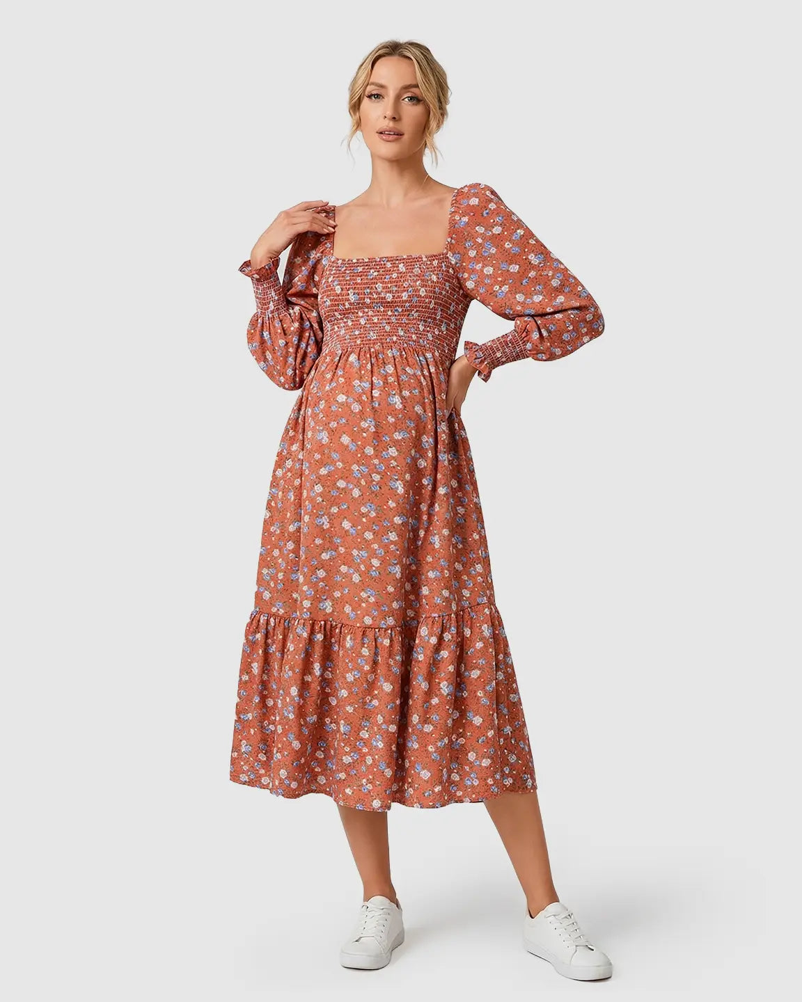 Smocked Bodice Boho Maternity Midi Dress