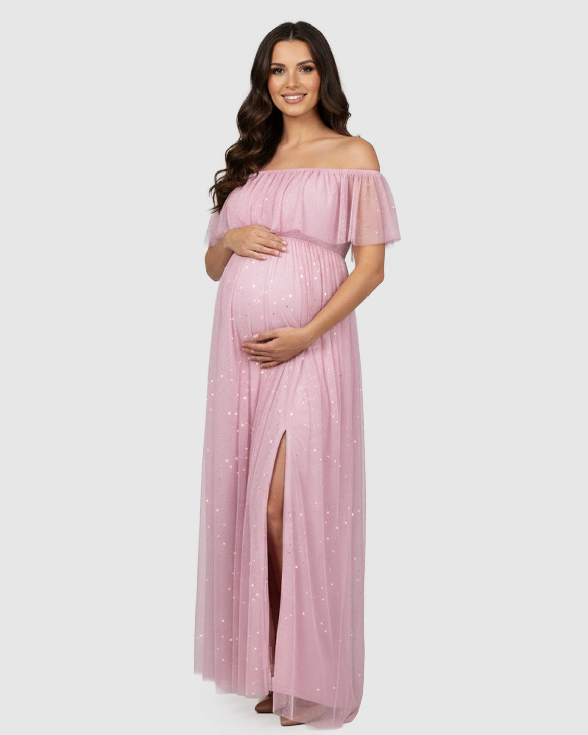 Off-Shoulder Mesh Empire Waist Maternity Maxi Dress