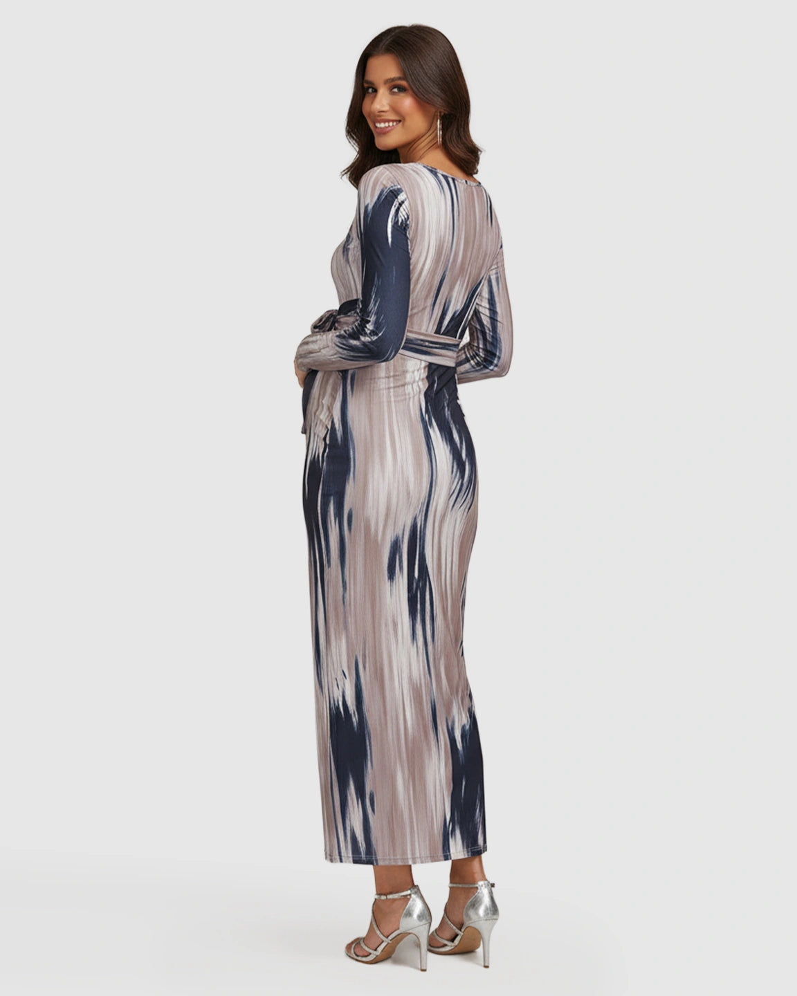 Adjustable Tie-Waist Ink-Wash Maternity Maxi Dress