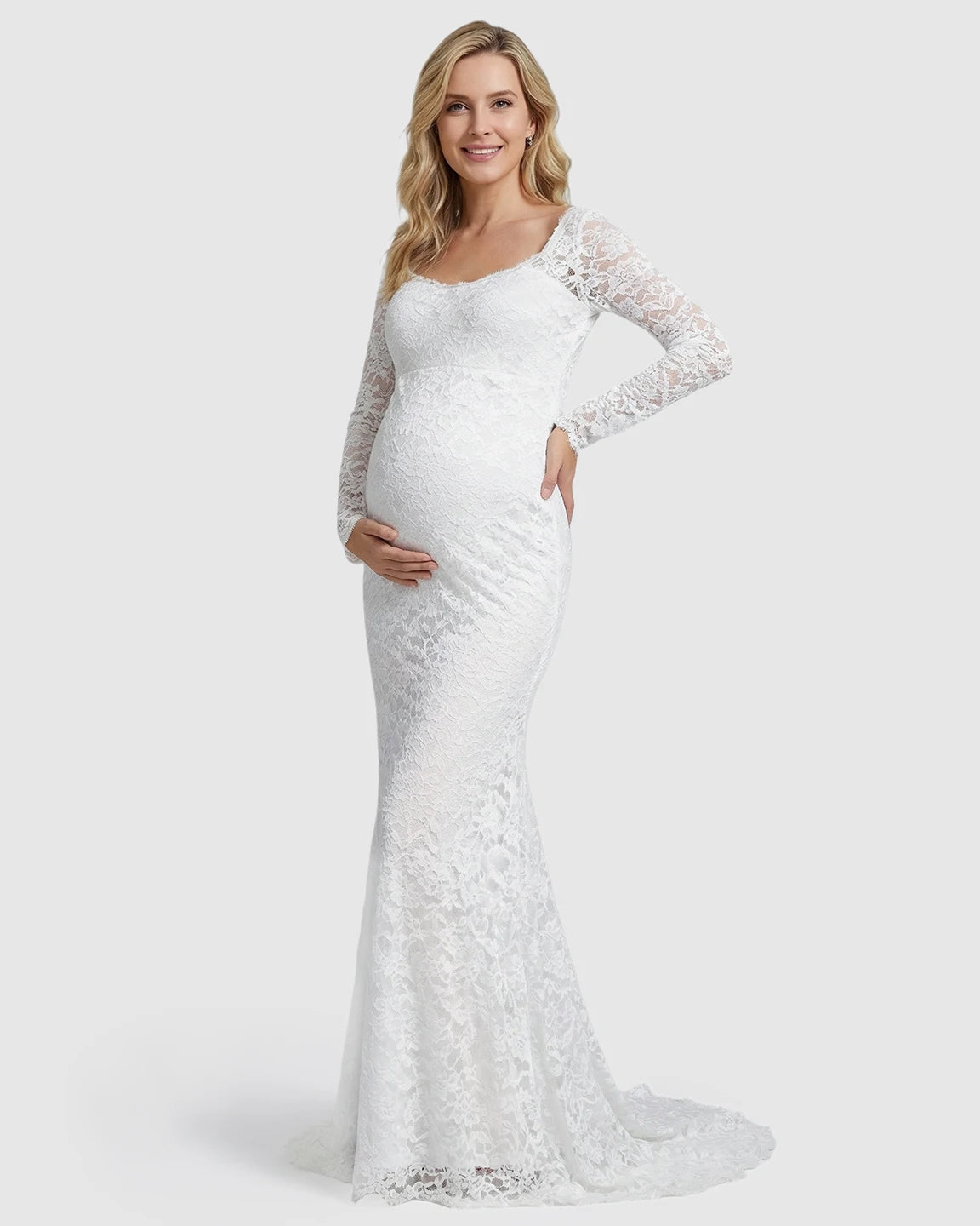 Lace Train Long-Sleeve Maternity Gown