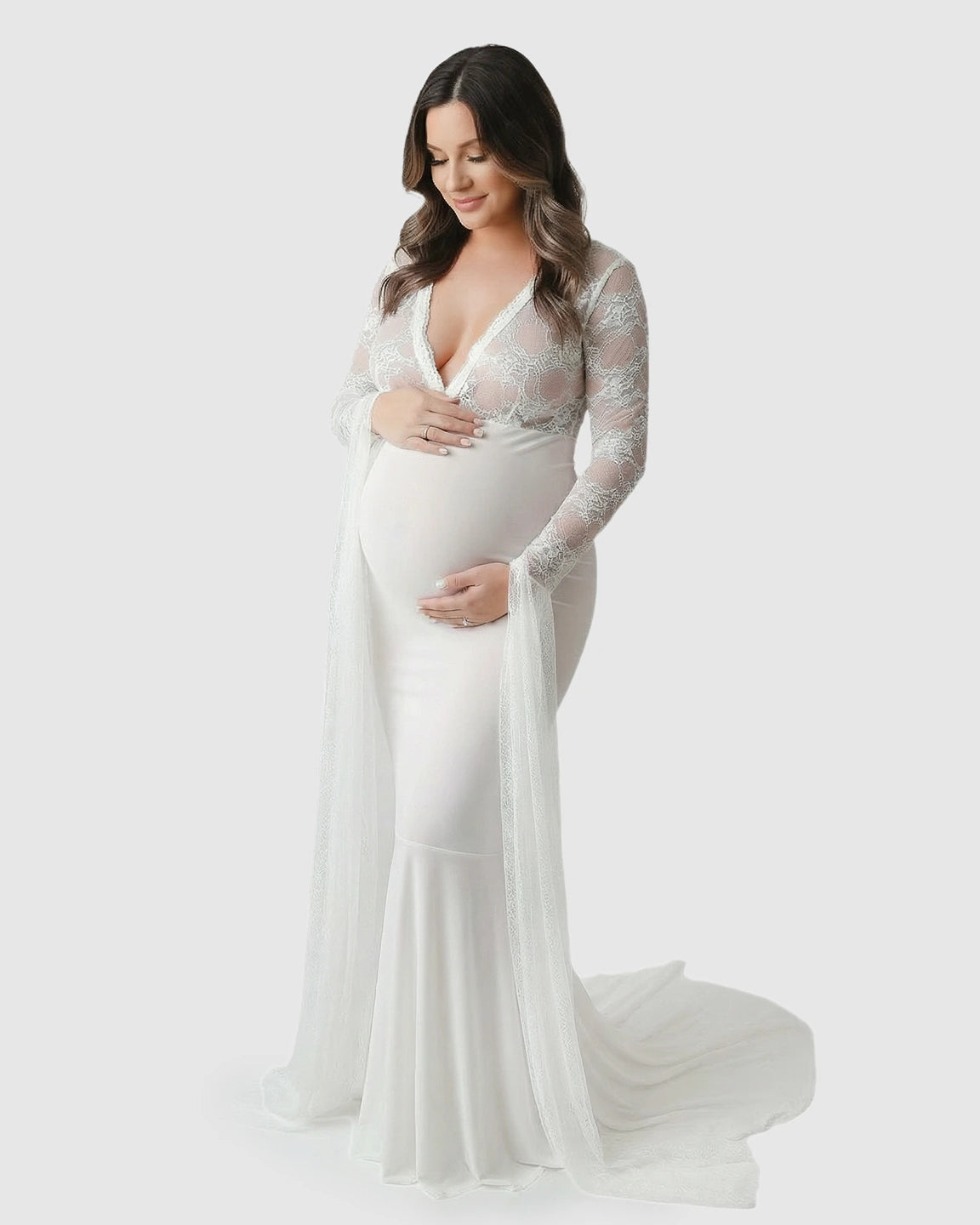 Lace Deep-V Floor-Length Maternity Gown