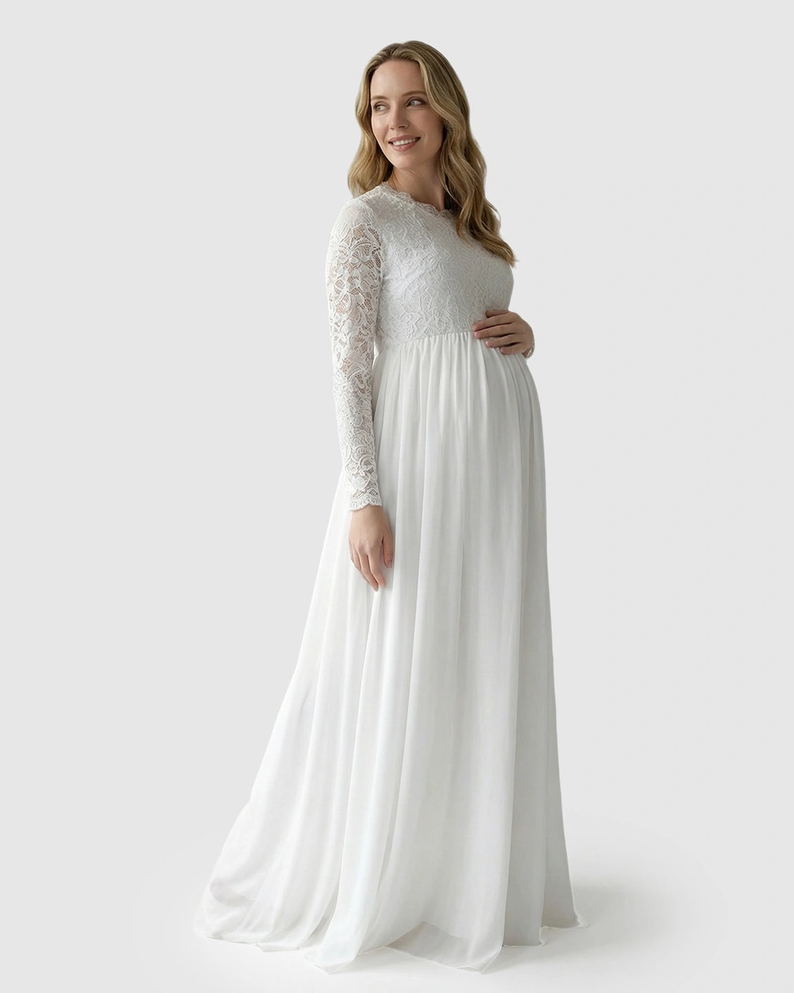 Lace Bodice Flowy Long-Sleeve Maternity Gown