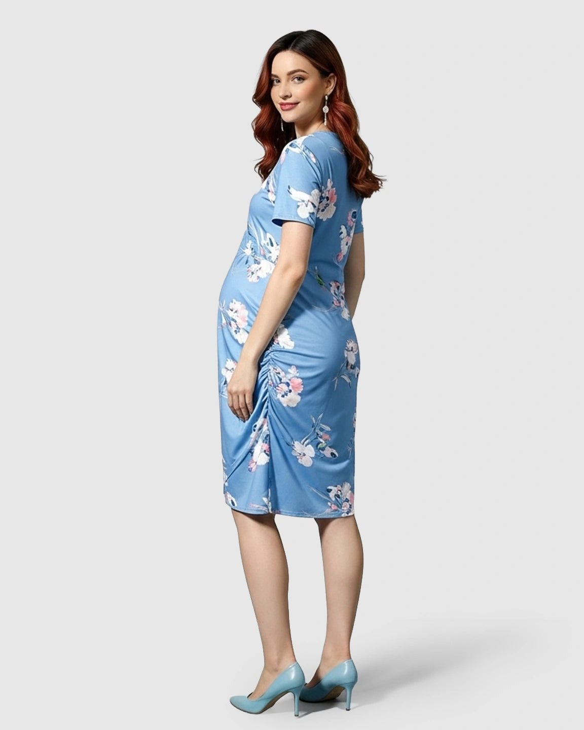 Ruched Floral Wrap Nursing & Maternity Midi Dress