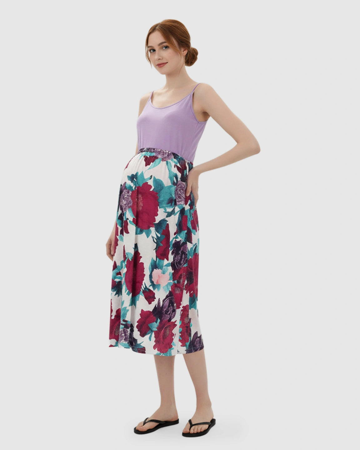 Adjustable-Strap Floral Maternity Midi Dress