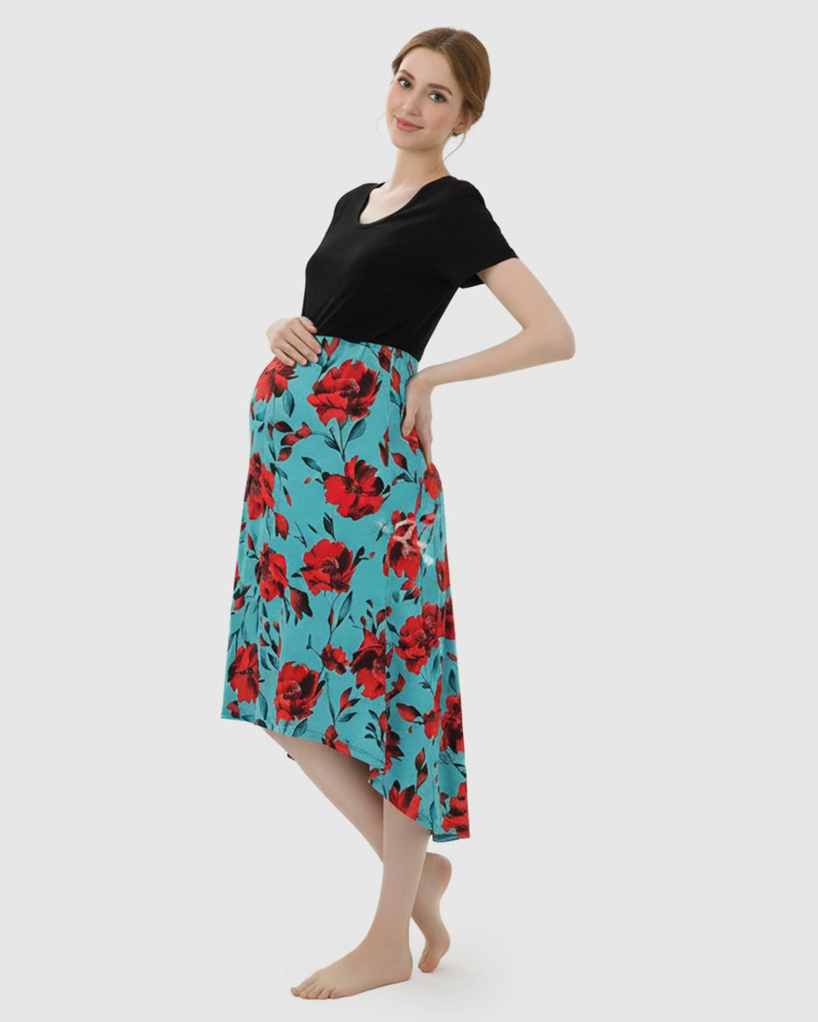 Asymmetric-Floral Vintage Maternity Midi Dress