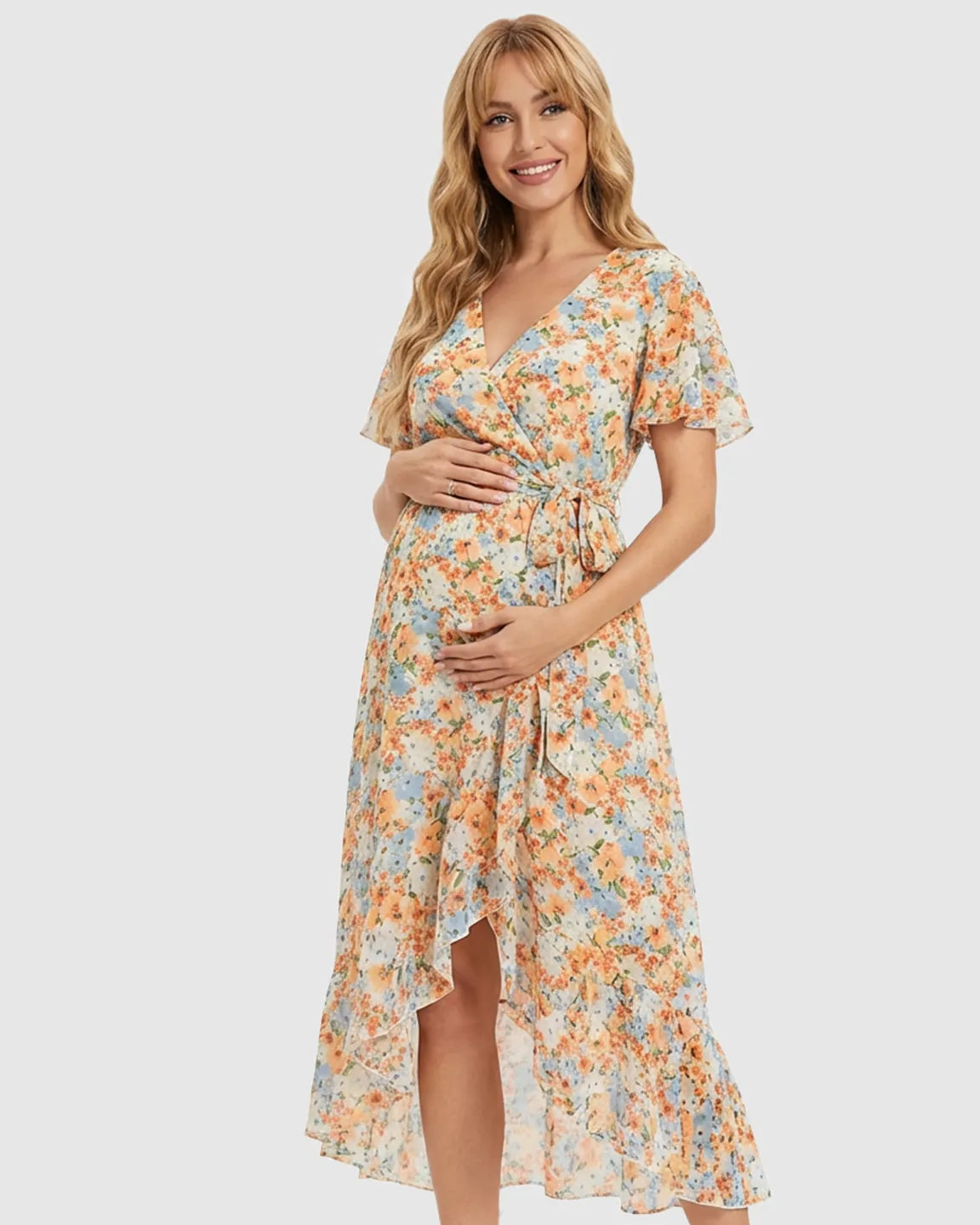 Flowy Floral Wrap Maternity Midi Dress