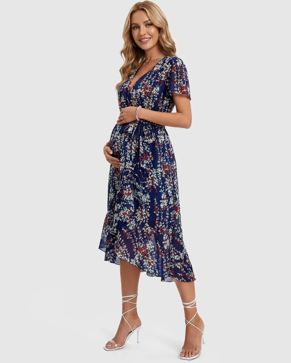 Navy Floral Wrap-Front Maternity Midi Dress