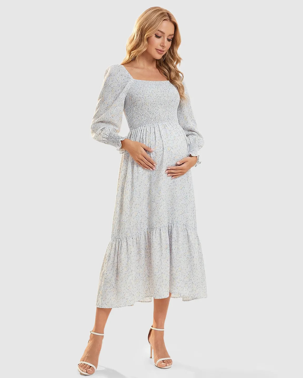 Smocked Floral Long Sleeve Maternity Midi Dress