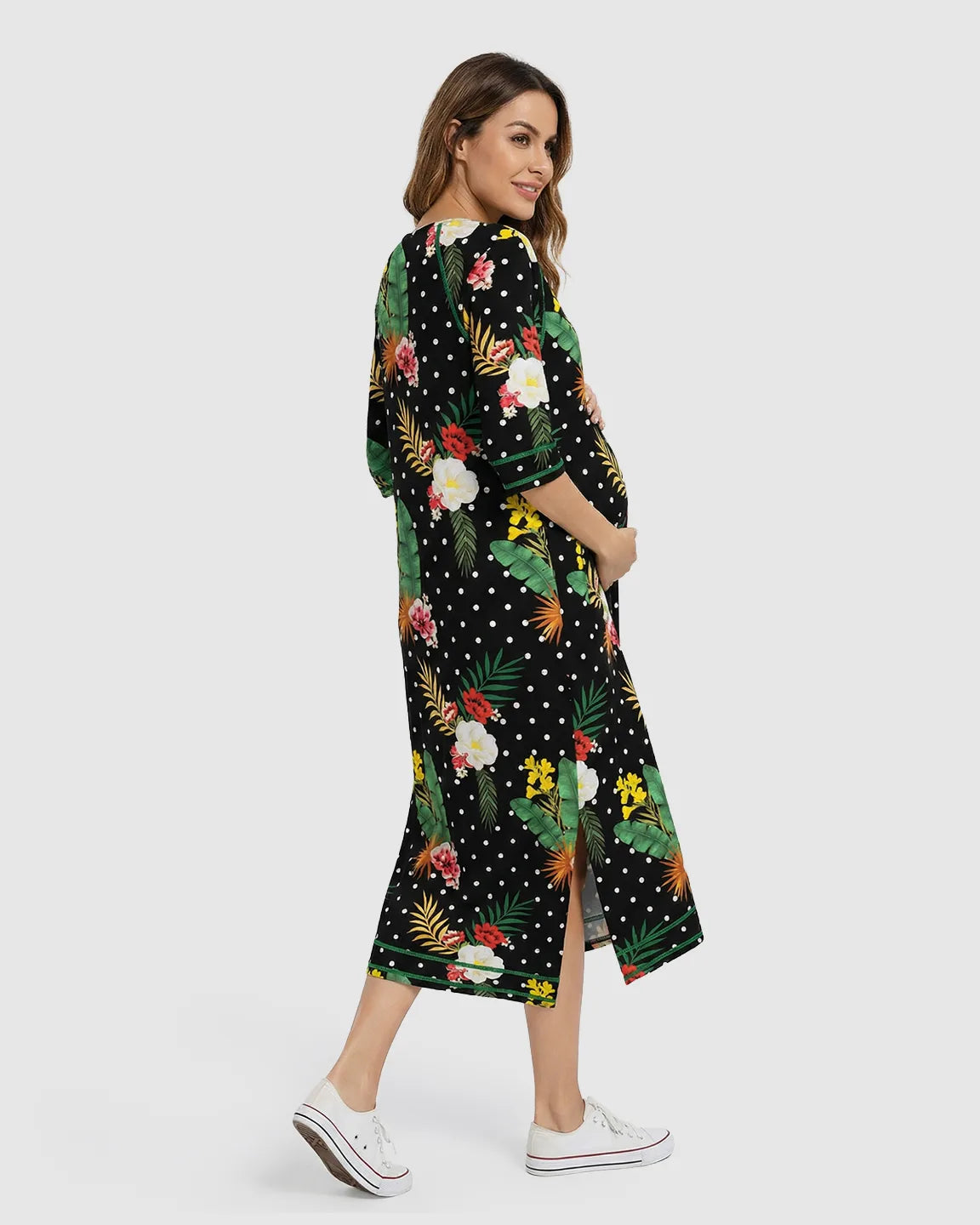Zip-Front Tropical Print Maternity & Nursing Lounge Dress