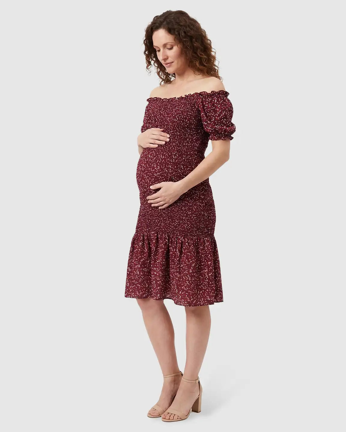 Off-Shoulder Smocked Floral Maternity Midi Dress