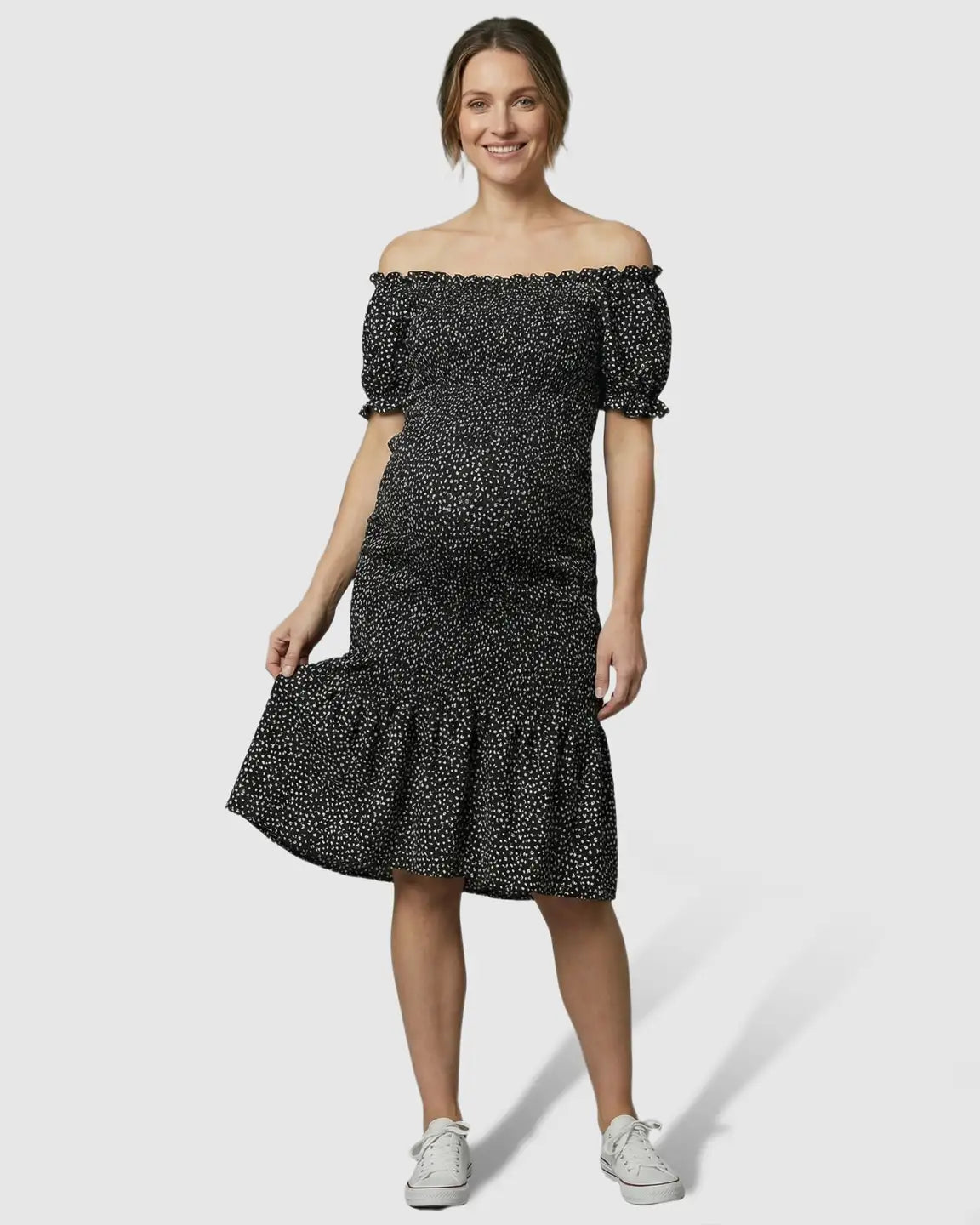 Fishtail Hem Smocked Maternity Midi Dress