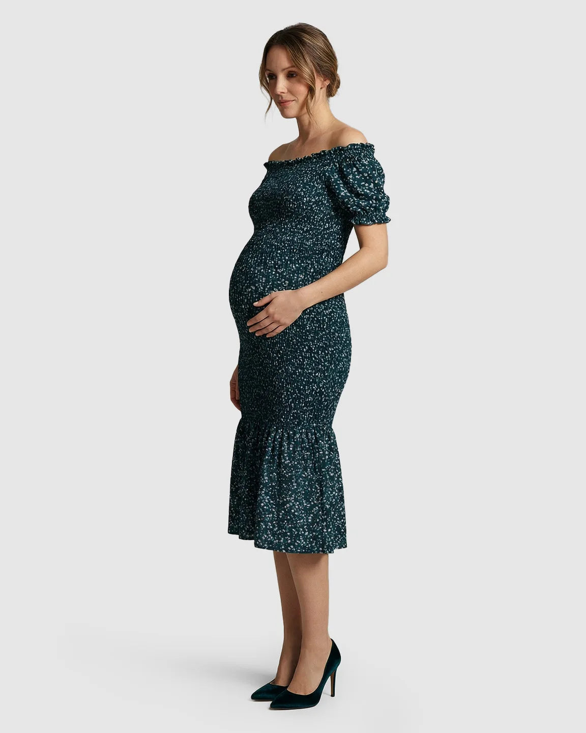 Puff Sleeve Smocked Maternity Midi Dress