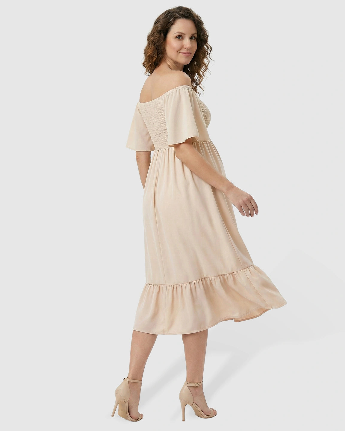 Flutter-Sleeve Smocked Maternity Midi Dress