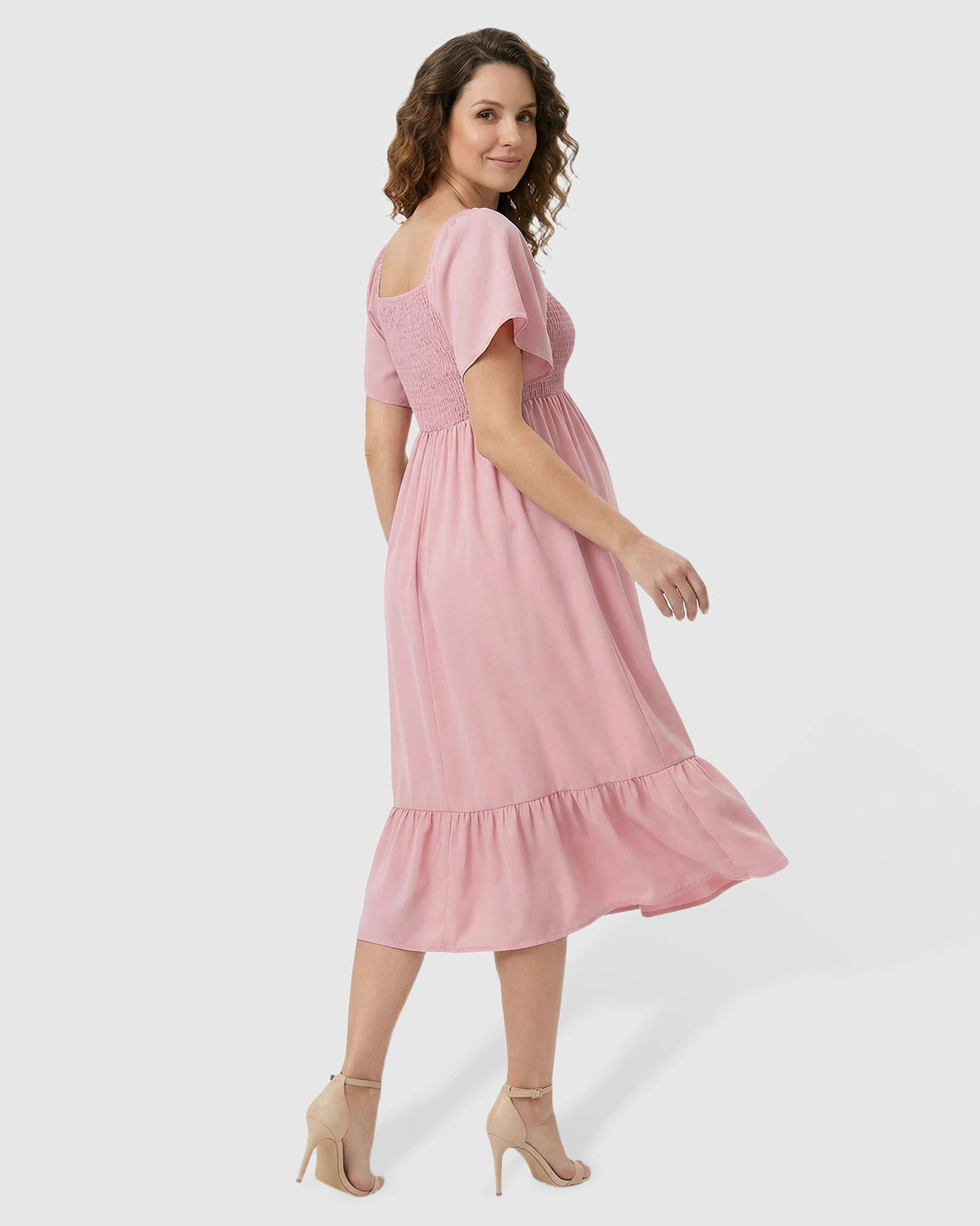 Flutter-Sleeve Smocked Maternity Midi Dress