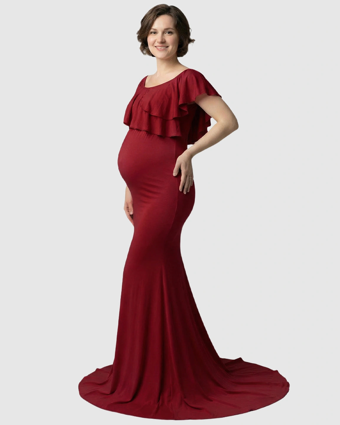 Ruffle-Off Shoulder Trailing Maternity Gown