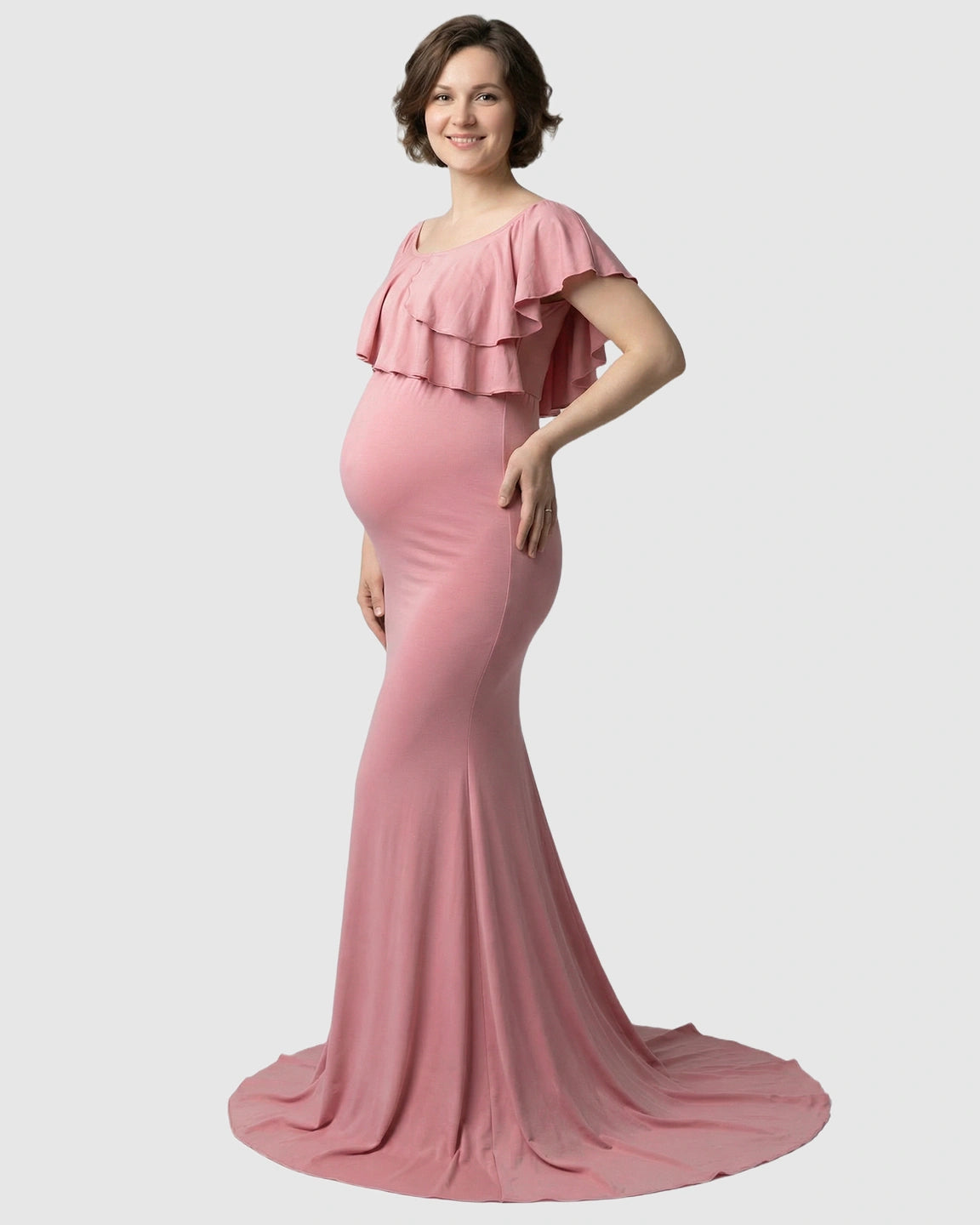 Ruffle-Off Shoulder Trailing Maternity Gown