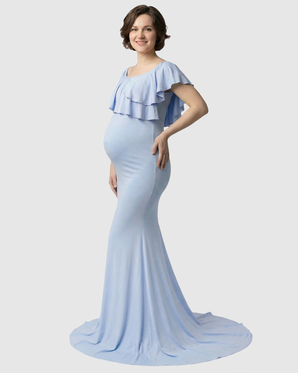 Ruffle-Off Shoulder Trailing Maternity Gown