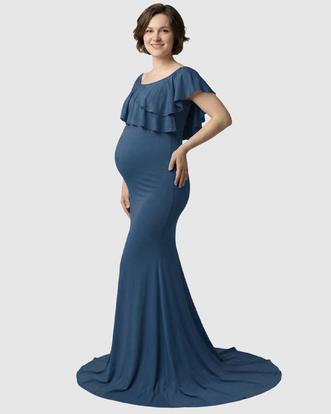 Ruffle-Off Shoulder Trailing Maternity Gown