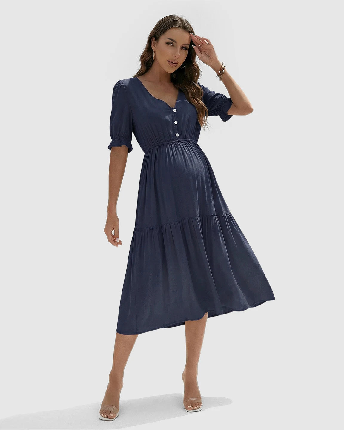 V-Neck Puff Sleeve Maternity Midi Dress
