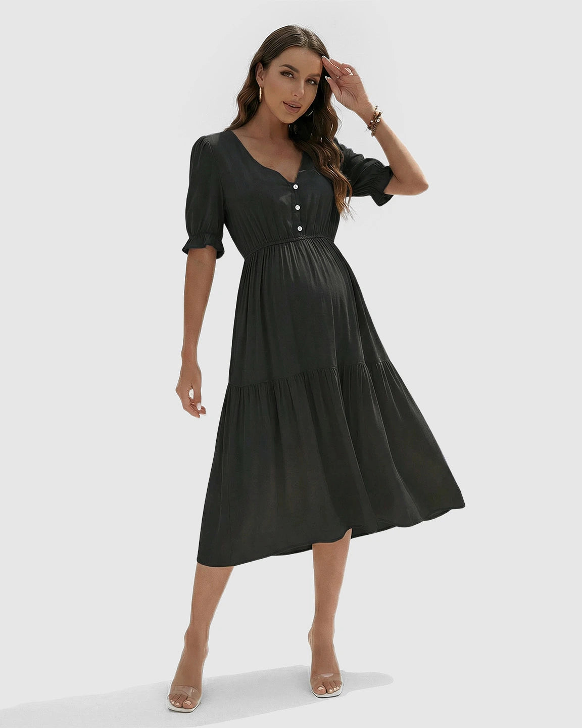 V-Neck Puff Sleeve Maternity Midi Dress