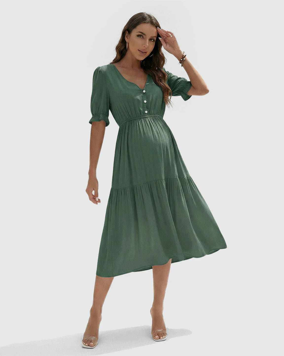 V-Neck Puff Sleeve Maternity Midi Dress