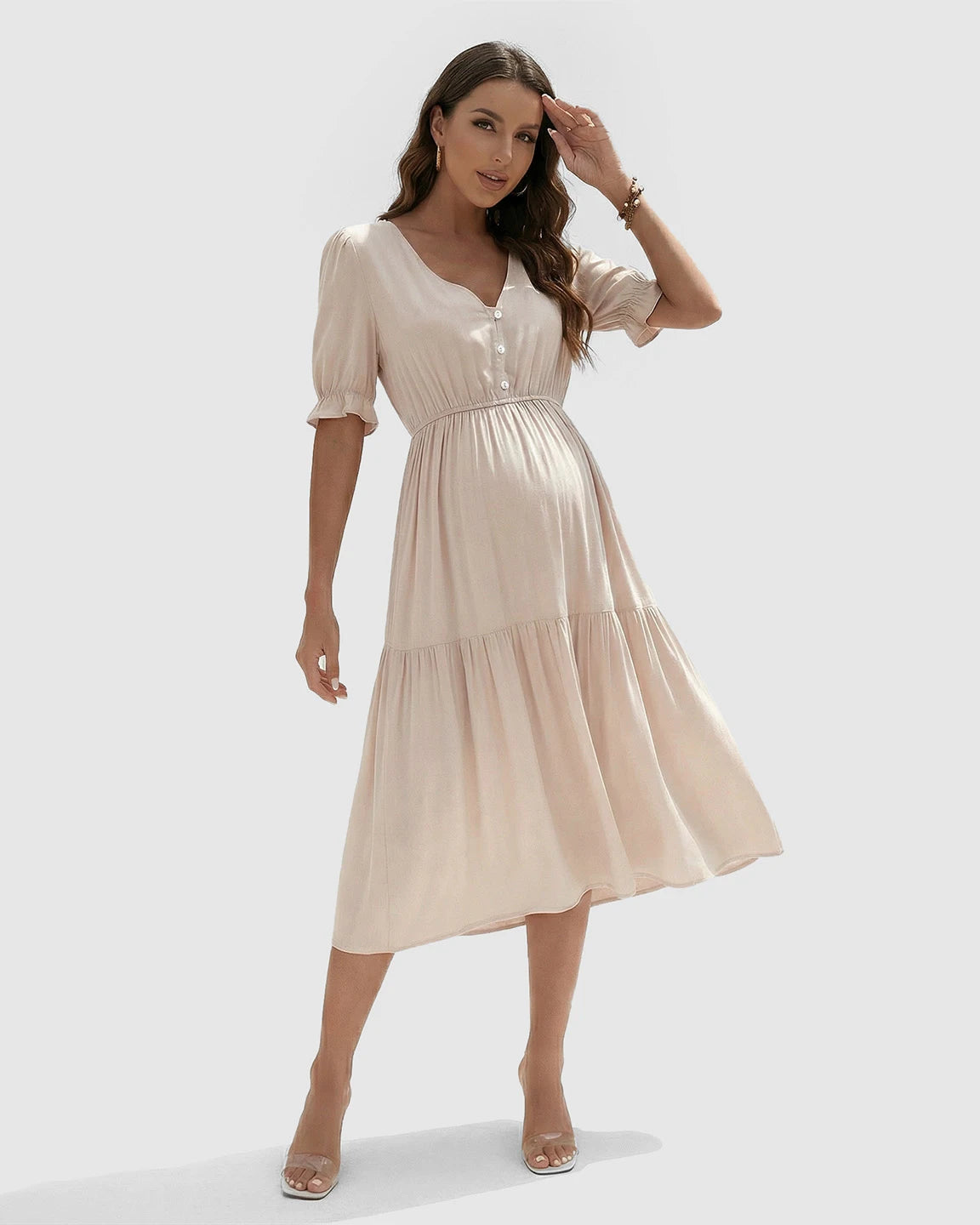 V-Neck Puff Sleeve Maternity Midi Dress