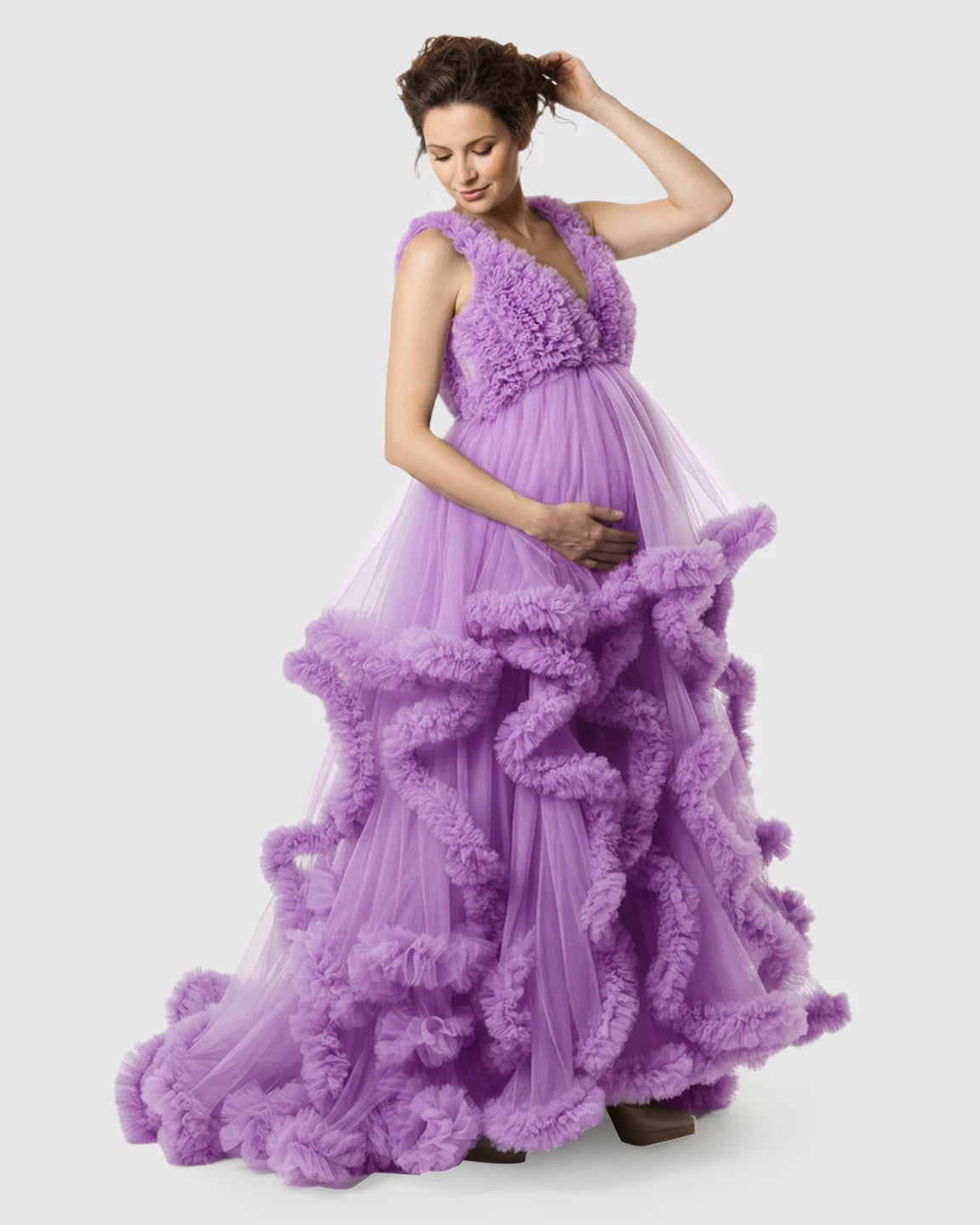 Ruffled Bodice Multi-Layer Mesh Pleats Maternity Gown