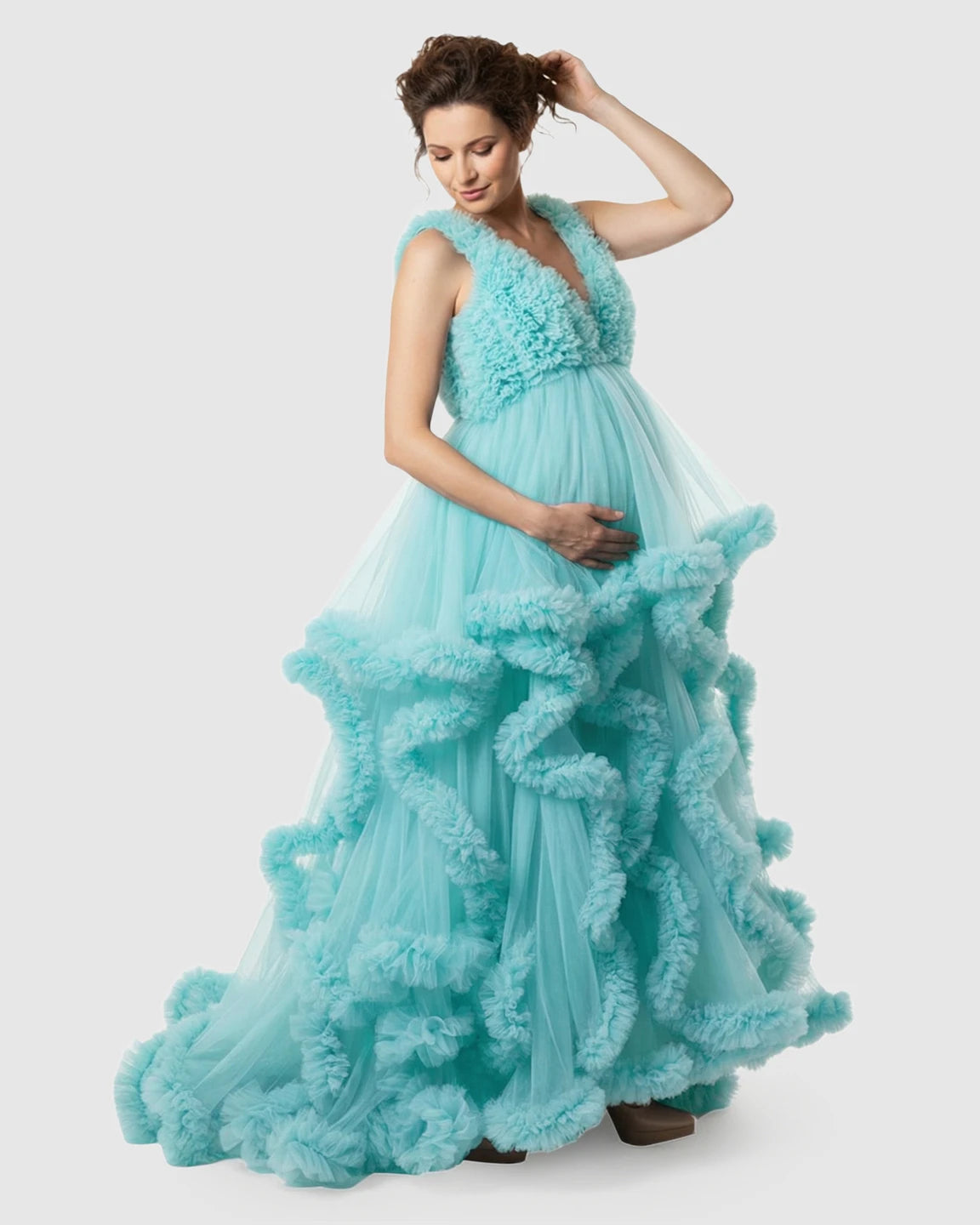Ruffled Bodice Multi-Layer Mesh Pleats Maternity Gown