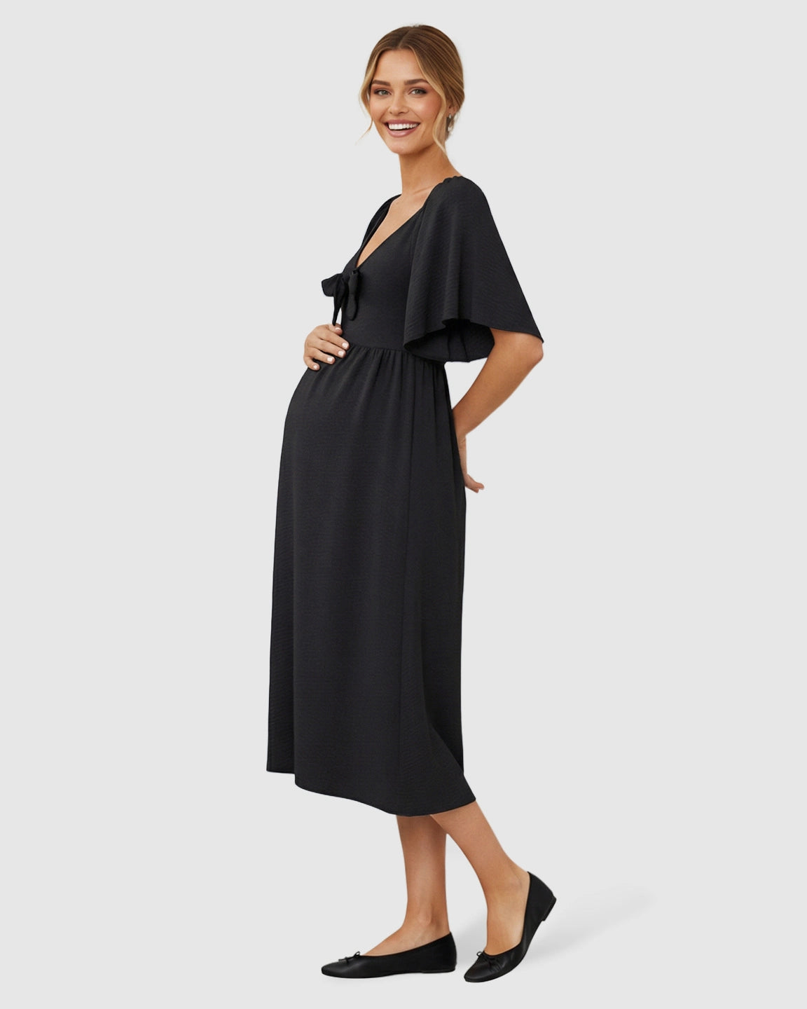 Tie-Knot Front Swing Silhouette Maternity Midi Dress