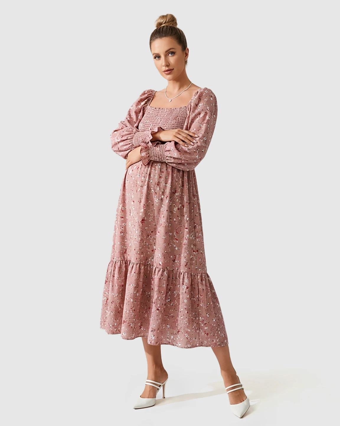 Smocked Bodice Feminine Maternity Midi Dress