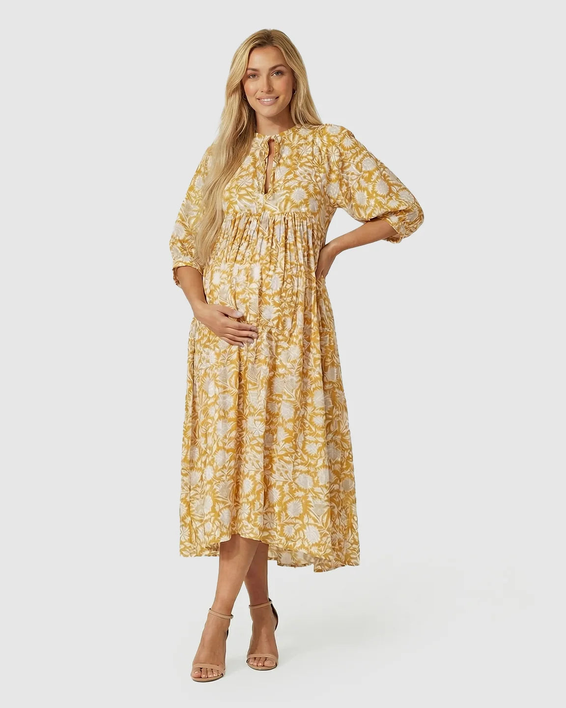 Gathered Waist Floral Print Maternity Midi Dress