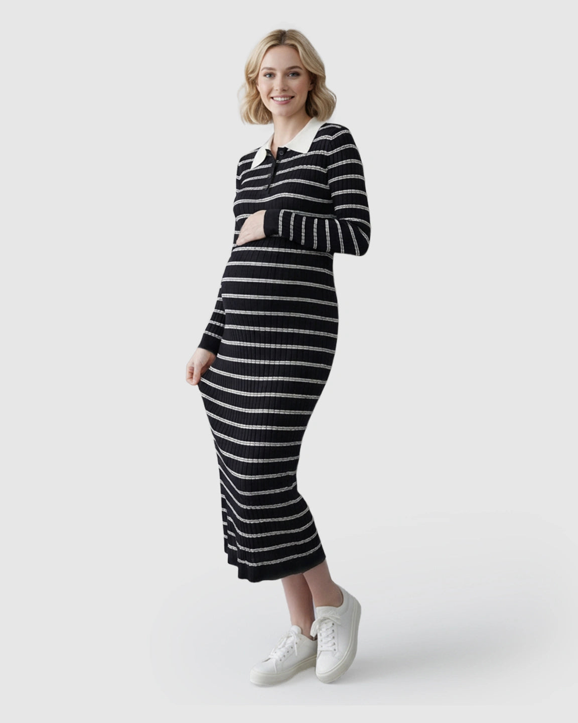 Contrast Collared Casual Maternity Midi Dress