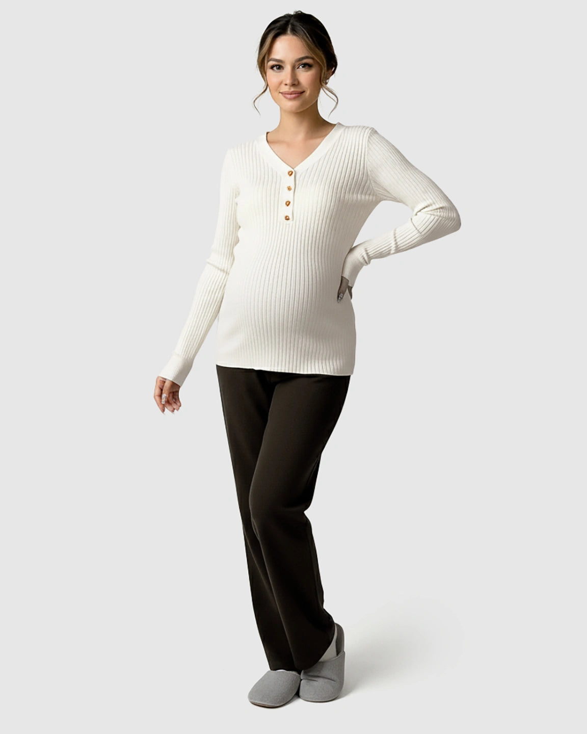 Ribbed Korean V-Neck Maternity Nursing Sweater