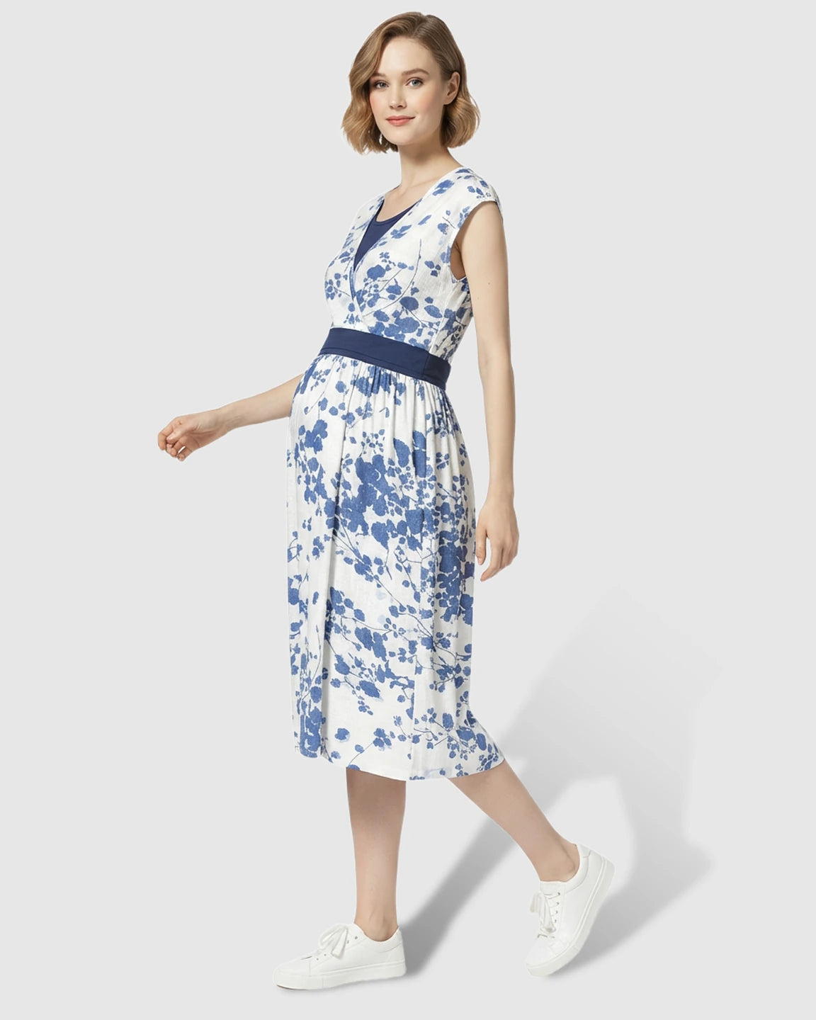 Crossover V-Neck Floral A-Line Maternity Midi Dress