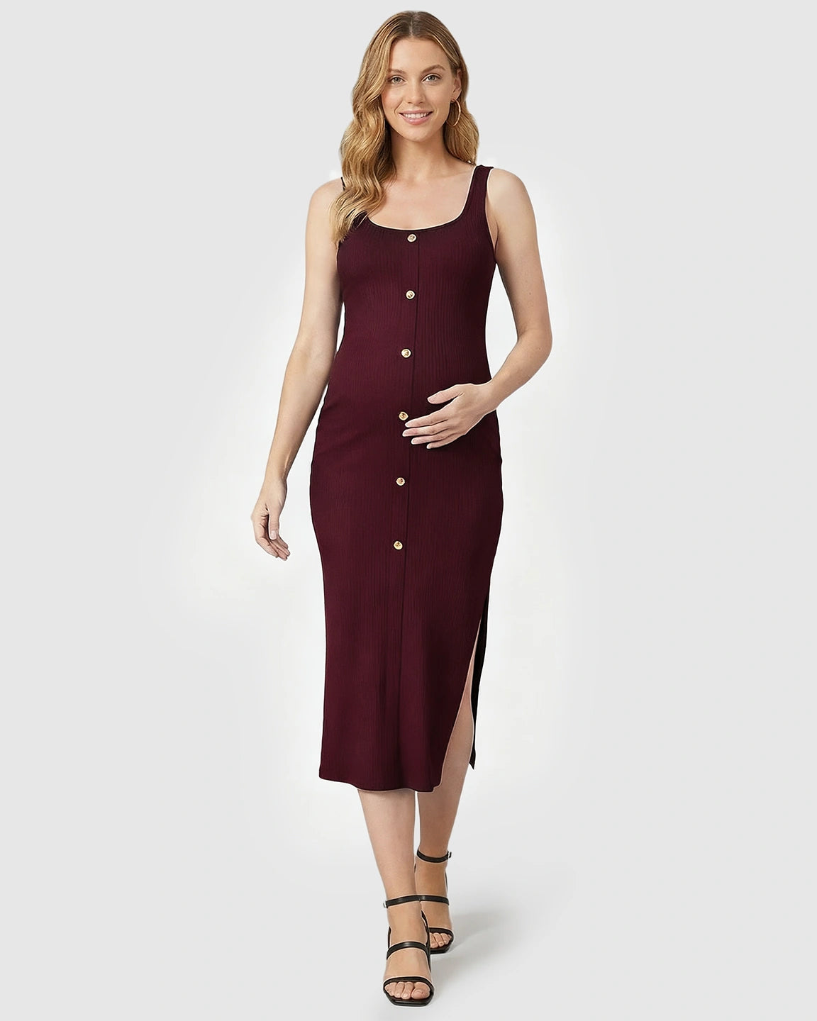 Button-Front Bodycon Maternity Midi Dress