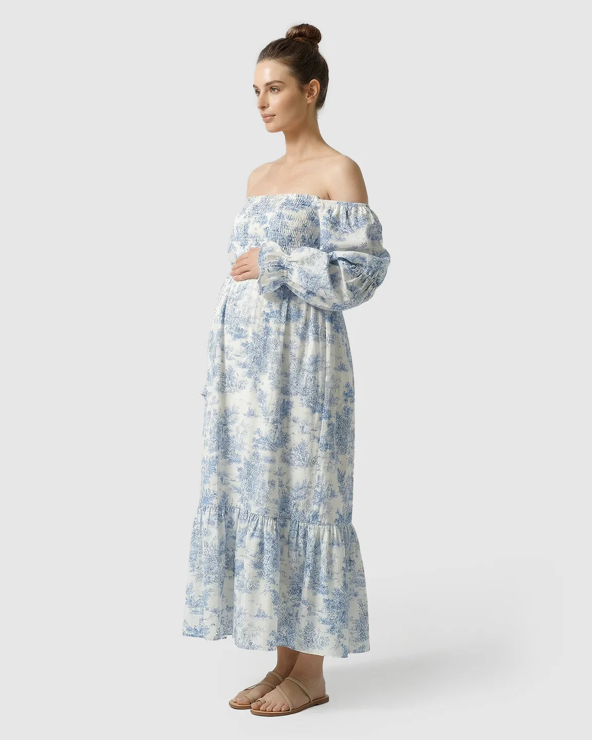 Puff Sleeves Floral Tiered Maternity Maxi Dress