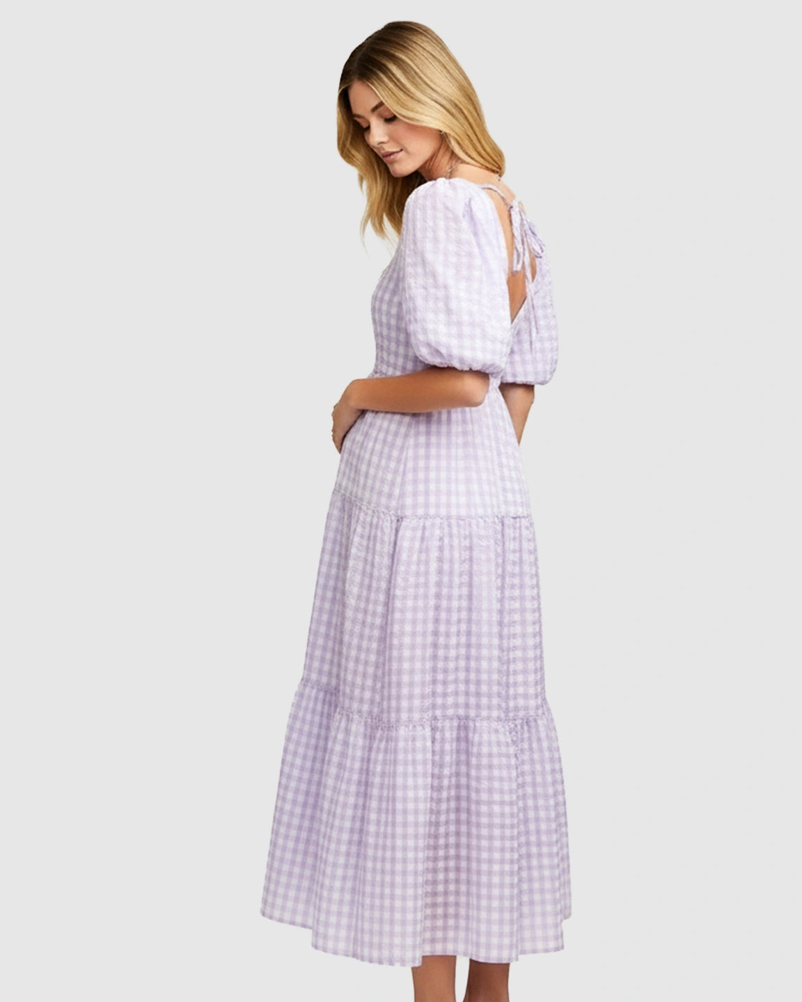 Puffed Sleeves Checkered Maternity Maxi Dress
